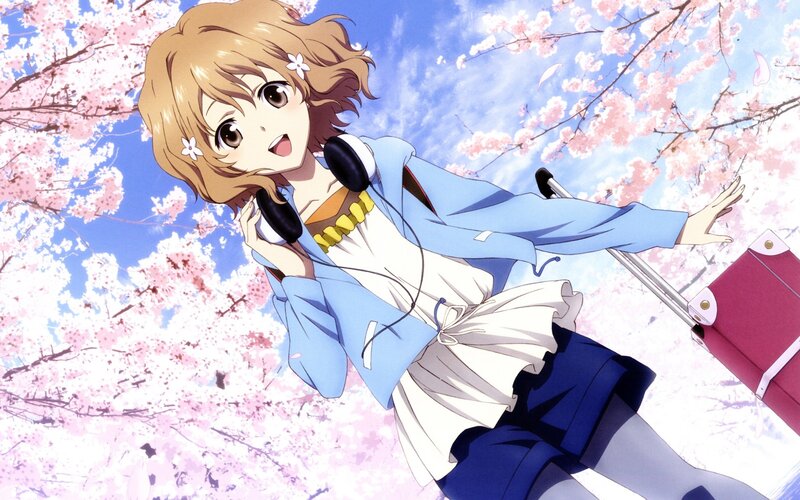 Anime Girl with Headphones — Pink, Cheerful, Spring, Cherry Blossoms