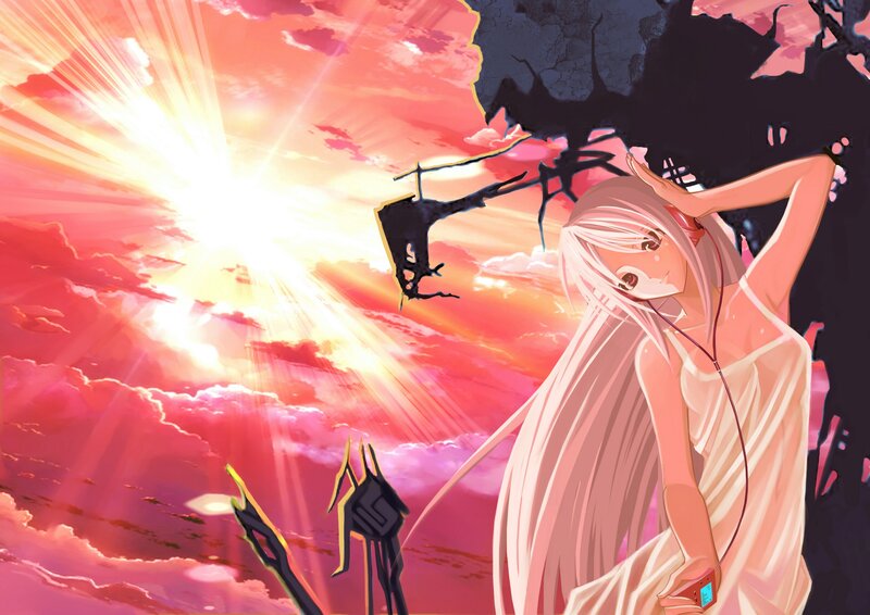 Anime Girl with Headphones — Pink, Dramatic, Sunset