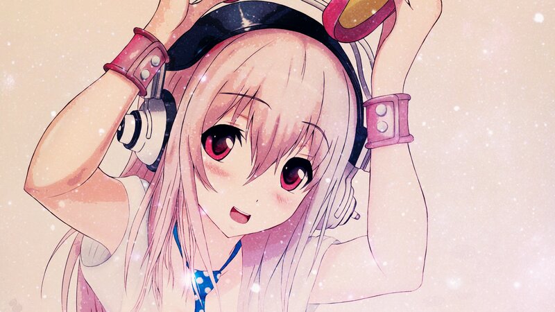 Anime Girl with Headphones — Pink, Dreamy, Pink Hair