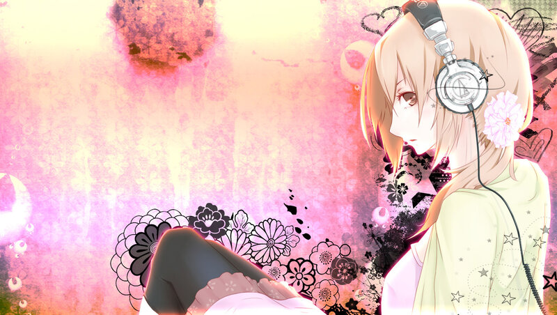 Anime Girl with Headphones — Pink, Dreamy, Sunset