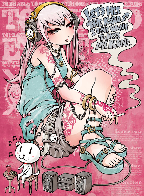 Anime Girl with Headphones — Pink, Edgy