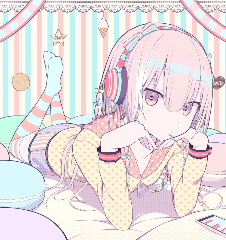 Anime Girl with Headphones — Pink, Playful, Bed