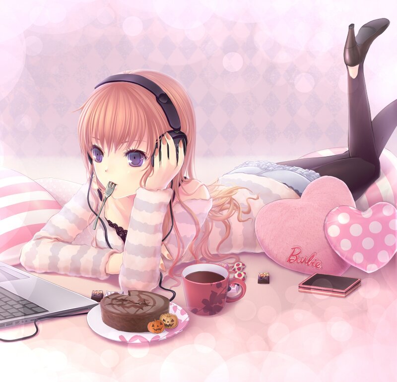 Anime Girl with Headphones — Pink, Relaxed, Digital Art