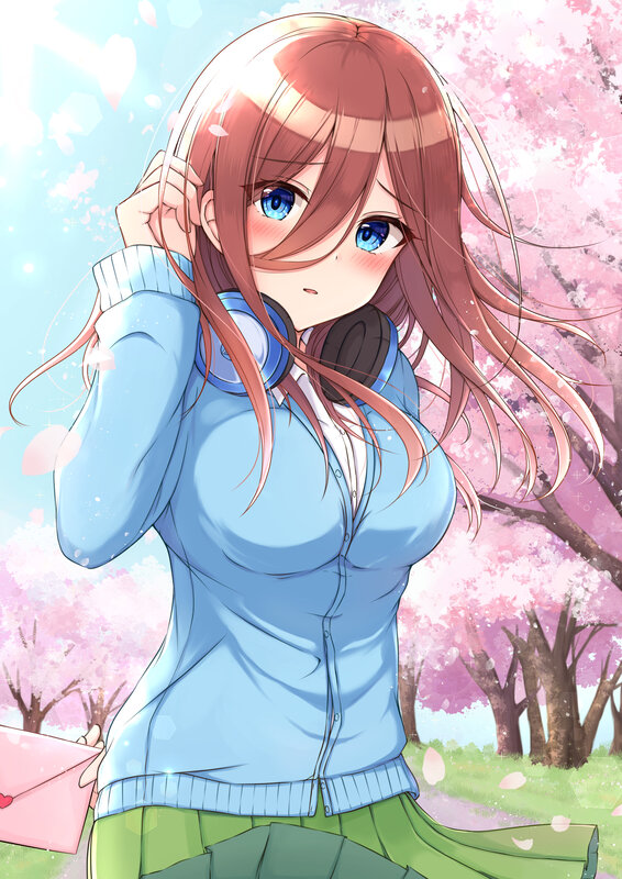 Anime Girl with Headphones — Pink, Serene, Spring, Cherry Blossoms