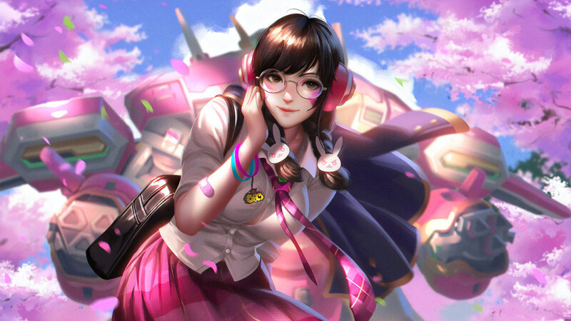 Anime Girl with Headphones — Pink, Serene, Spring, Digital Art