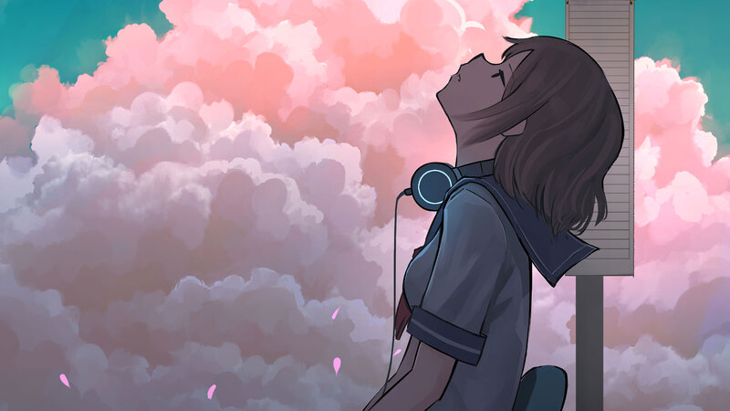 Anime Girl with Headphones — Pink, Serene, Sunset