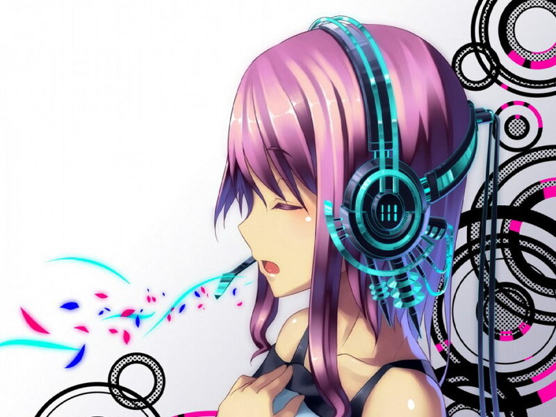 Anime Girl with Headphones — Purple, Calm
