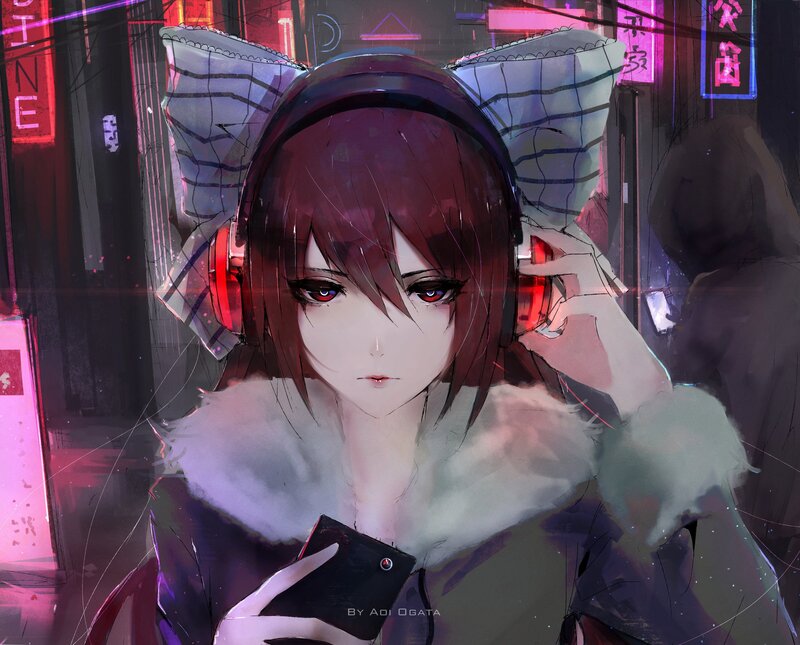 Anime Girl with Headphones — Purple, Dark, Night