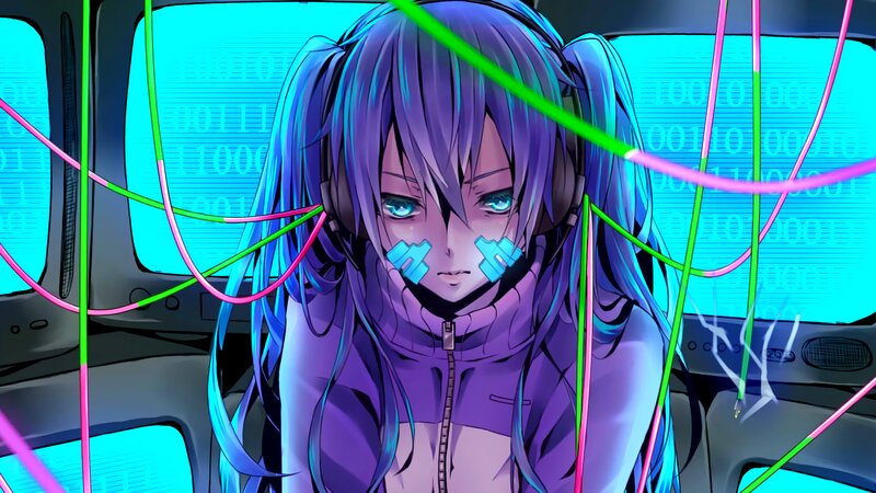 Anime Girl with Headphones — Purple, Dramatic, Digital Art, Binary Code