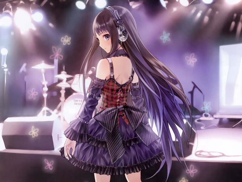 Anime Girl with Headphones — Purple, Dramatic, Digital Art, Drum Set