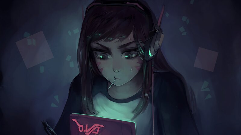 Anime Girl with Headphones — Purple, Dramatic, Night, Digital Art, Tablet