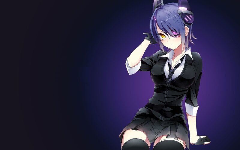 Anime Girl with Headphones — Purple, Dramatic, Night, School Uniform