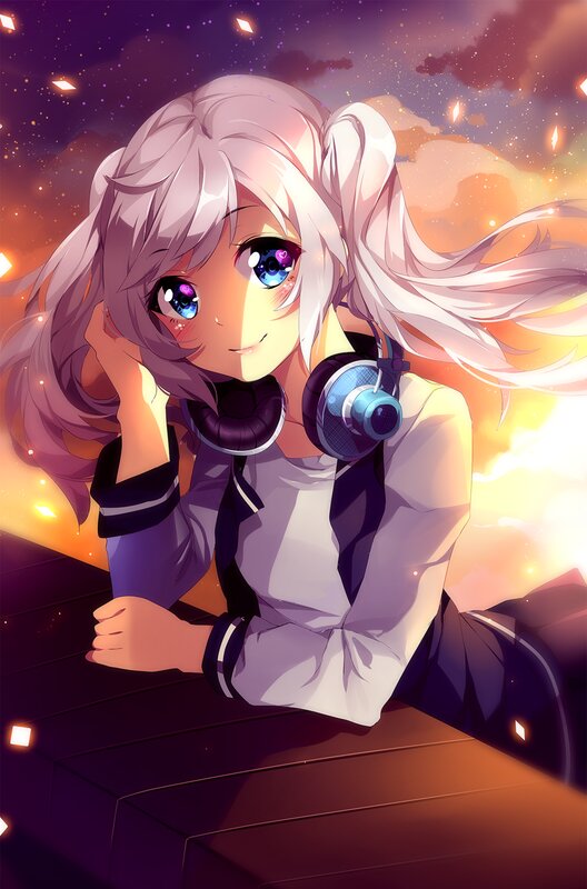 Anime Girl with Headphones — Purple, Dramatic, Sunset, Digital Art, Long Hair