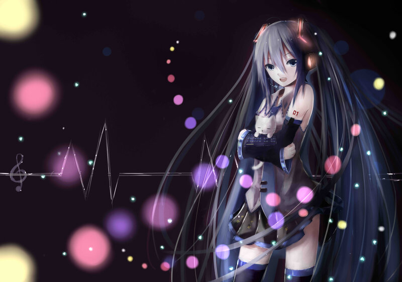 Anime Girl with Headphones — Purple, Dreamy, Night, Digital Art, Cat
