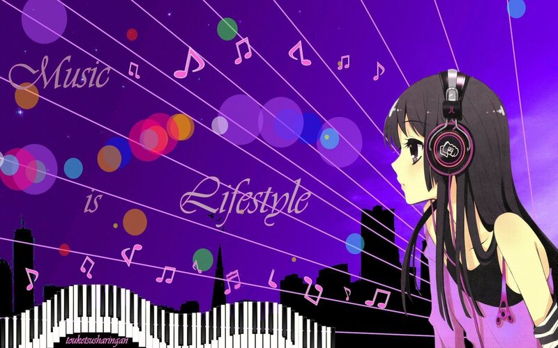 Anime Girl with Headphones — Purple, Dreamy, Night, Digital Art, Music Notes