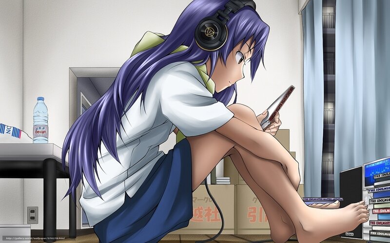 Anime Girl with Headphones — Purple, Focused, Smartphone, Cardboard Boxes