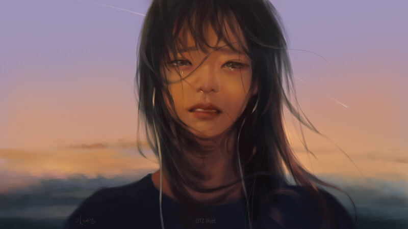 Anime Girl with Headphones — Purple, Melancholic