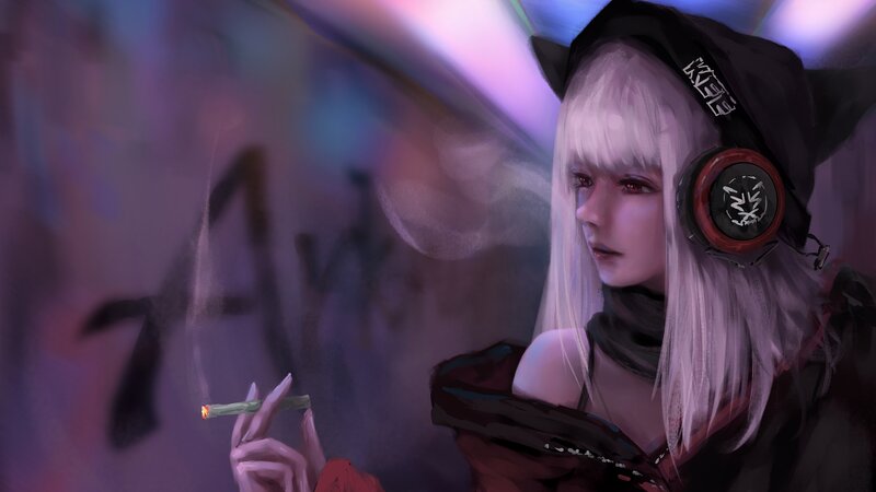 Anime Girl with Headphones — Purple, Moody