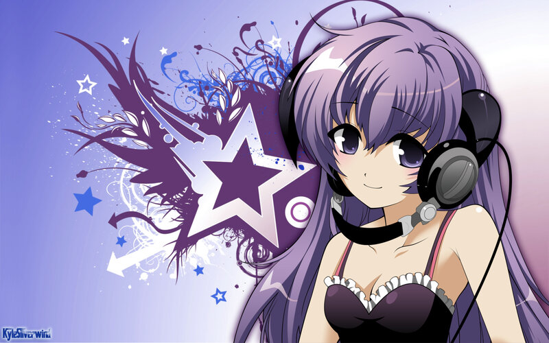 Anime Girl with Headphones — Purple, Playful