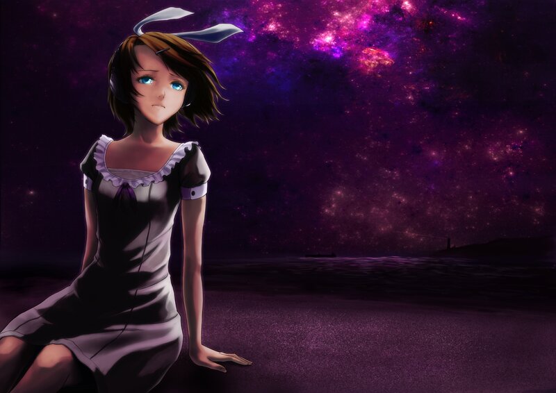 Anime Girl with Headphones — Purple, Serene, Night
