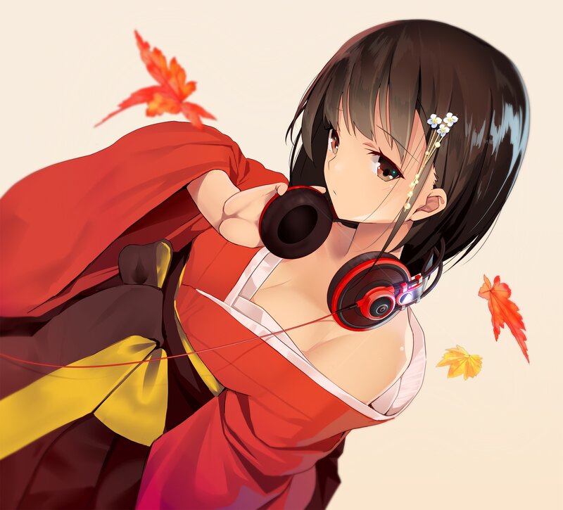 Anime Girl with Headphones — Red, Calm, Autumn