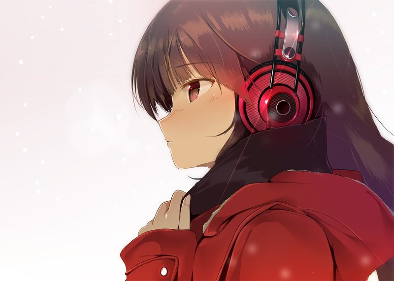 Anime Girl with Headphones — Red, Calm, Winter, Coat