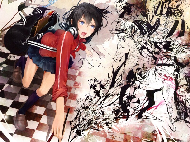 Anime Girl with Headphones — Red, Dramatic, Digital Art, Backpack