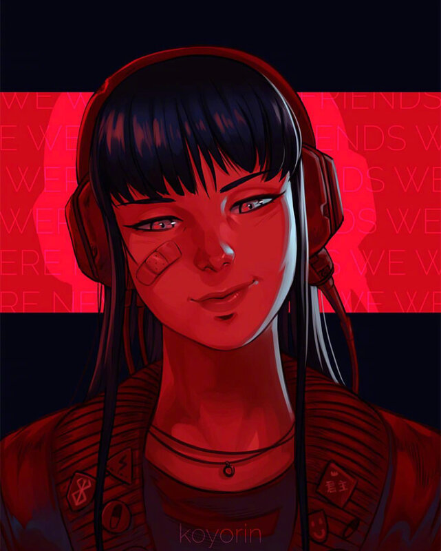 Anime Girl with Headphones — Red, Dramatic, Digital Art, Bandage