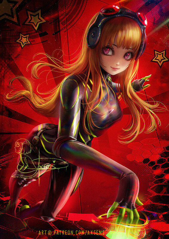 Anime Girl with Headphones — Red, Dramatic, Digital Art, Stars