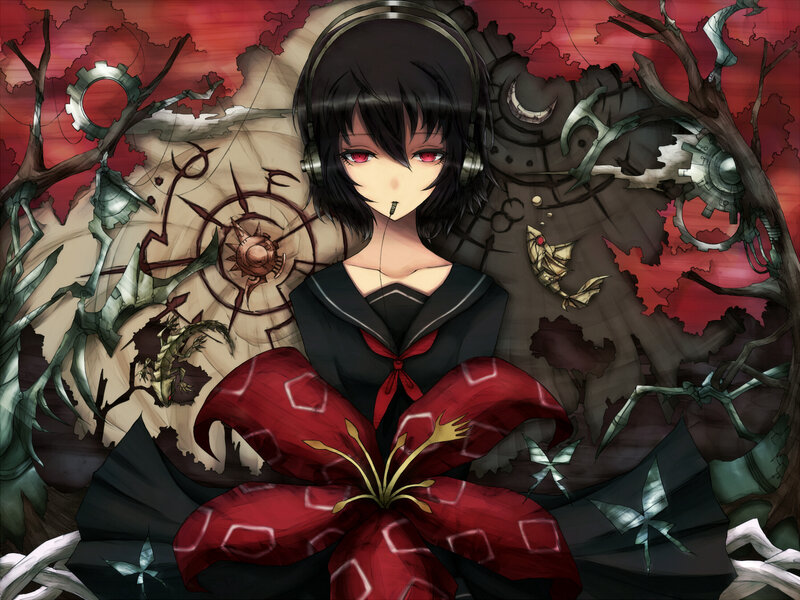 Anime Girl with Headphones — Red, Dramatic, Digital Art