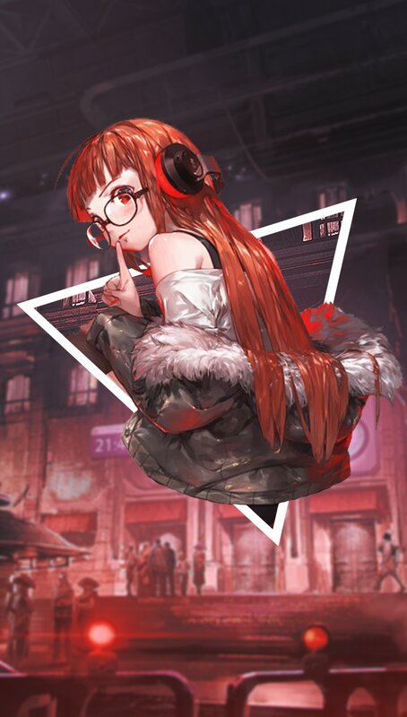 Anime Girl with Headphones — Red, Dramatic, Night, Digital Art, Glasses