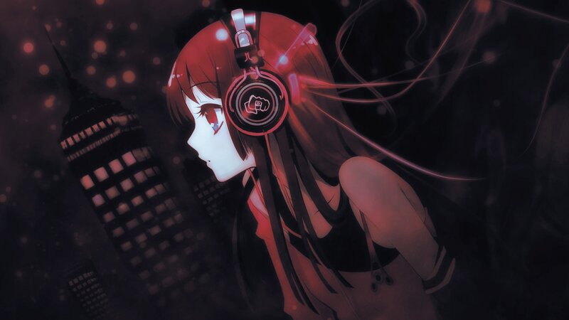 Anime Girl with Headphones — Red, Dramatic, Night