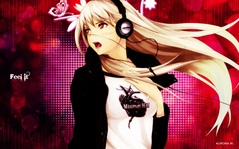 Anime Girl with Headphones — Red, Energetic