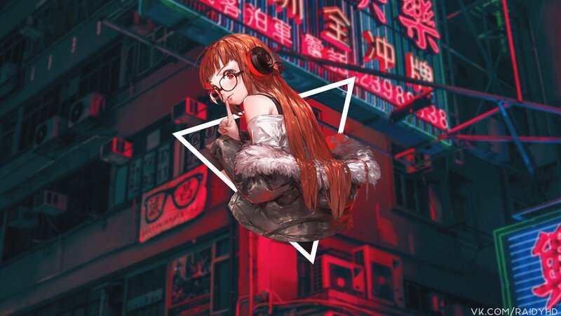 Anime Girl with Headphones — Red, Nocturnal, Night