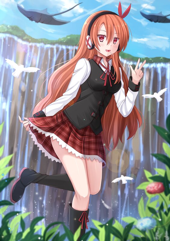 Anime Girl with Headphones — Red, Playful, Afternoon