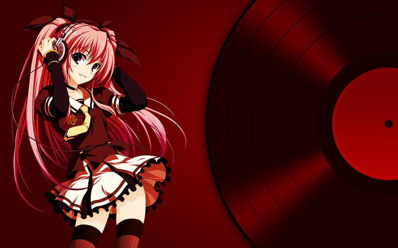 Anime Girl with Headphones — Red, Playful, Vinyl Record
