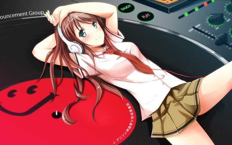 Anime Girl with Headphones — Red, Relaxed, Turntable, School Uniform