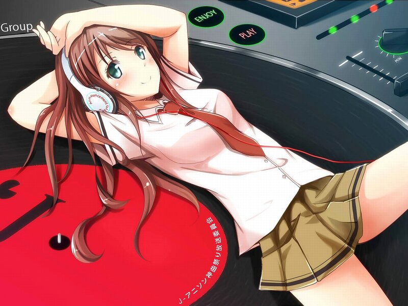 Anime Girl with Headphones — Red, Relaxed, Turntable
