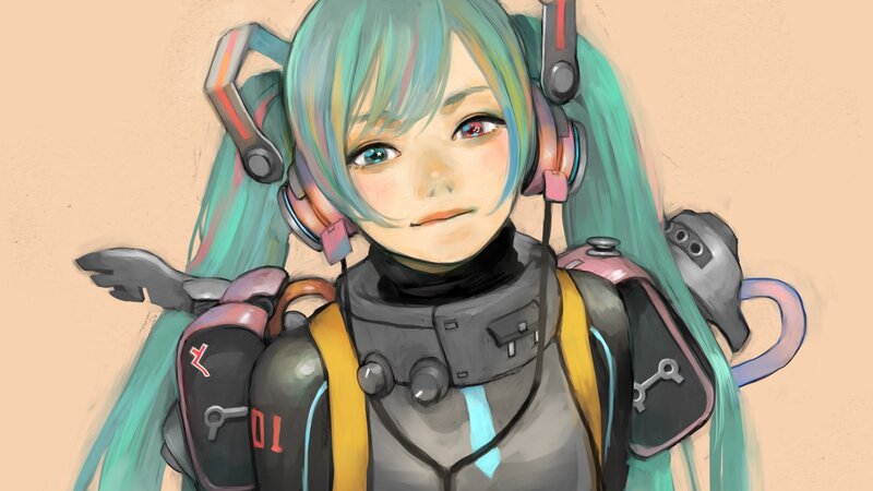 Anime Girl with Headphones — Teal, Calm, Digital Art, Armor