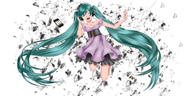 Anime Girl with Headphones — Teal, Dynamic, Digital Art, Smartphone