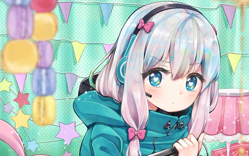 Anime Girl with Headphones — Teal, Festive, Digital Art
