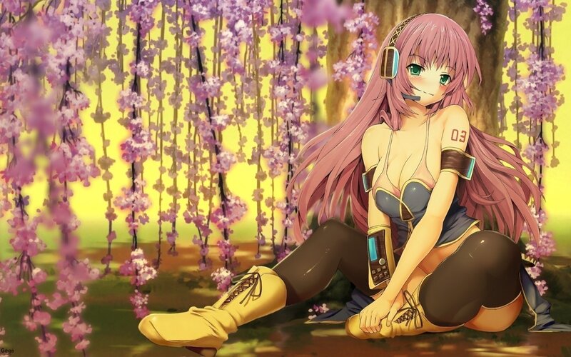 Anime girl with headphones under cherry blossoms