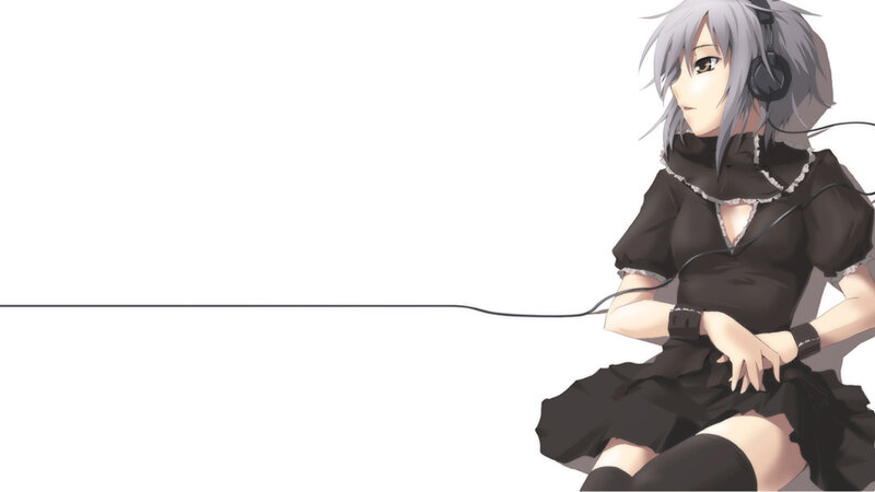 Anime Girl with Headphones — White, Black Dress