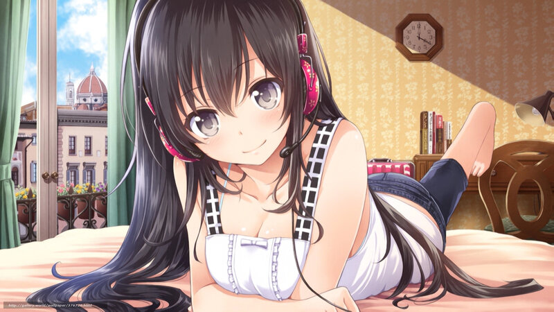 Anime Girl with Headphones — White, Calm, Afternoon, Bed, Window