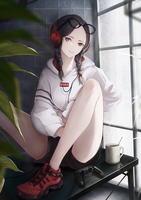 Anime Girl with Headphones — White, Calm, Afternoon, Digital Art, Controller