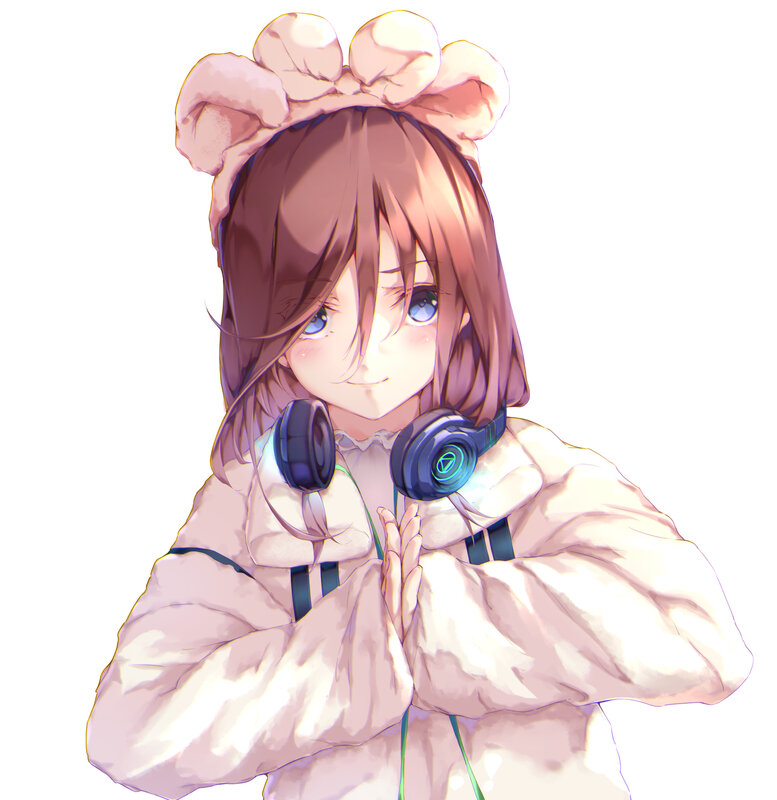 Anime Girl with Headphones — White, Calm, Digital Art, Bow
