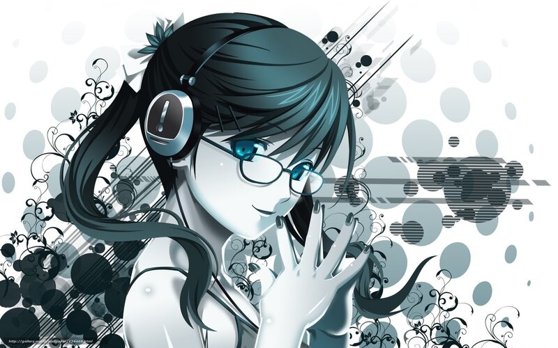 Anime Girl with Headphones — White, Calm, Digital Art, Glasses, Hand