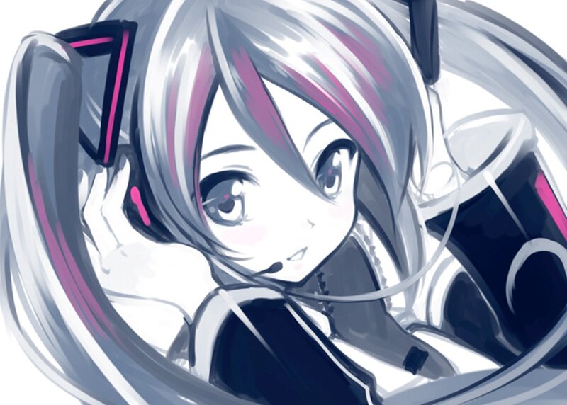 Anime Girl with Headphones — White, Calm, Digital Art, Microphone