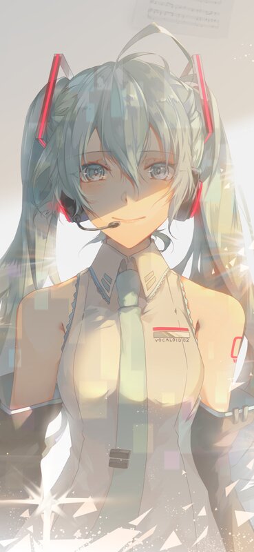 Anime Girl with Headphones — White, Calm, Digital Art, Microphone, Tie