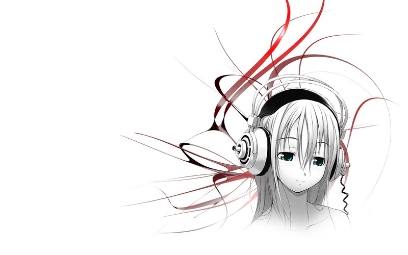 Anime Girl with Headphones — White, Calm, Digital Art, Red Lines, Blue Eyes